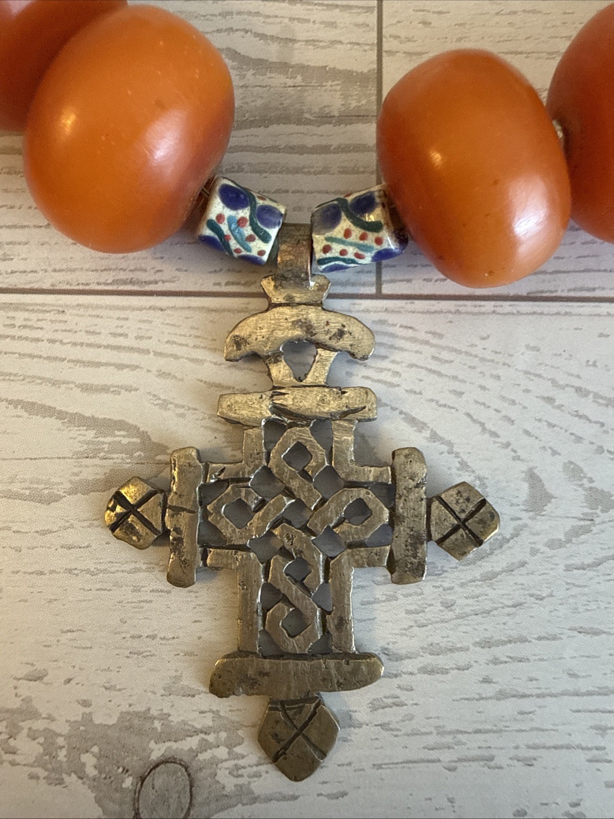 Vintage Coptic Cross Necklace African Amber Trade Beads Tribal Boho