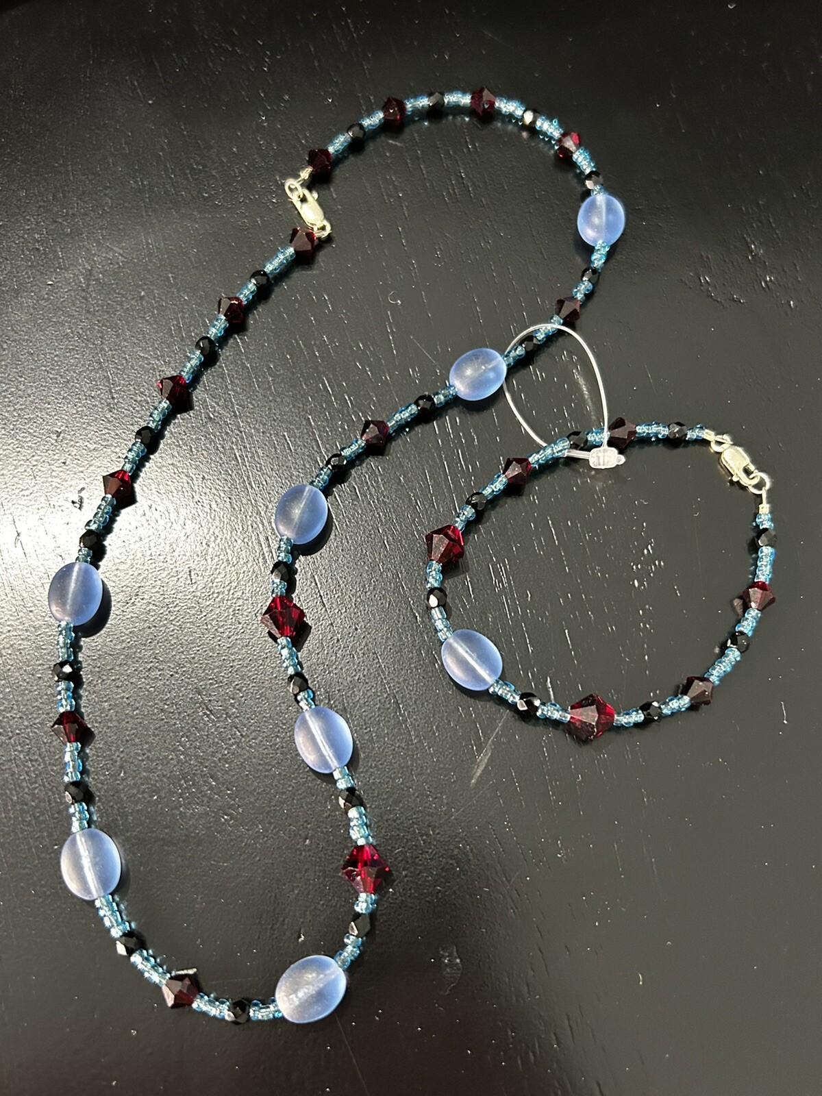 Vintage 18″ Necklace 7″ Bracelet Blue Red Black Aqua Beads Lobster Clasp Wire
