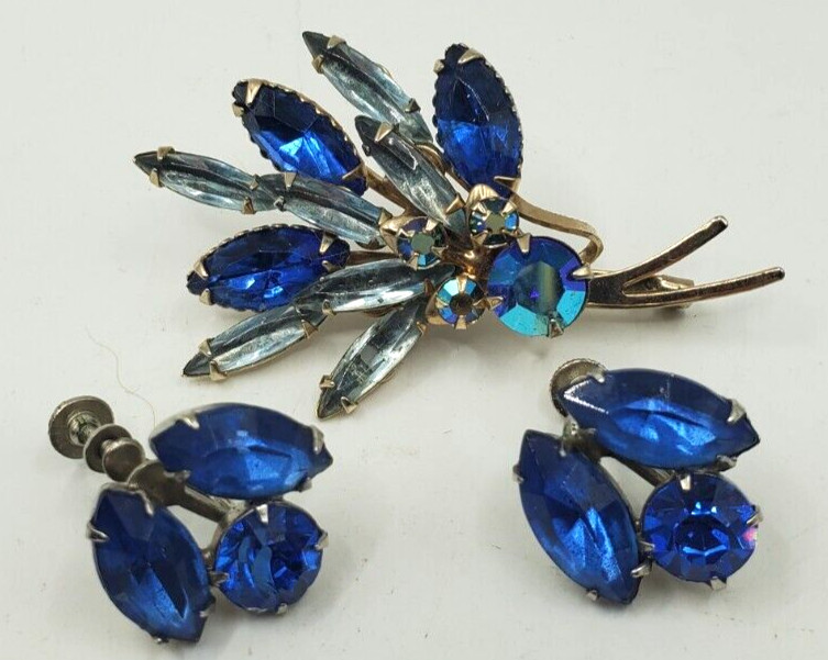Vintage BLUE CRYSTALS RHINESTONE Spray BROOCH PIN W SCREW BACK EARRINGS