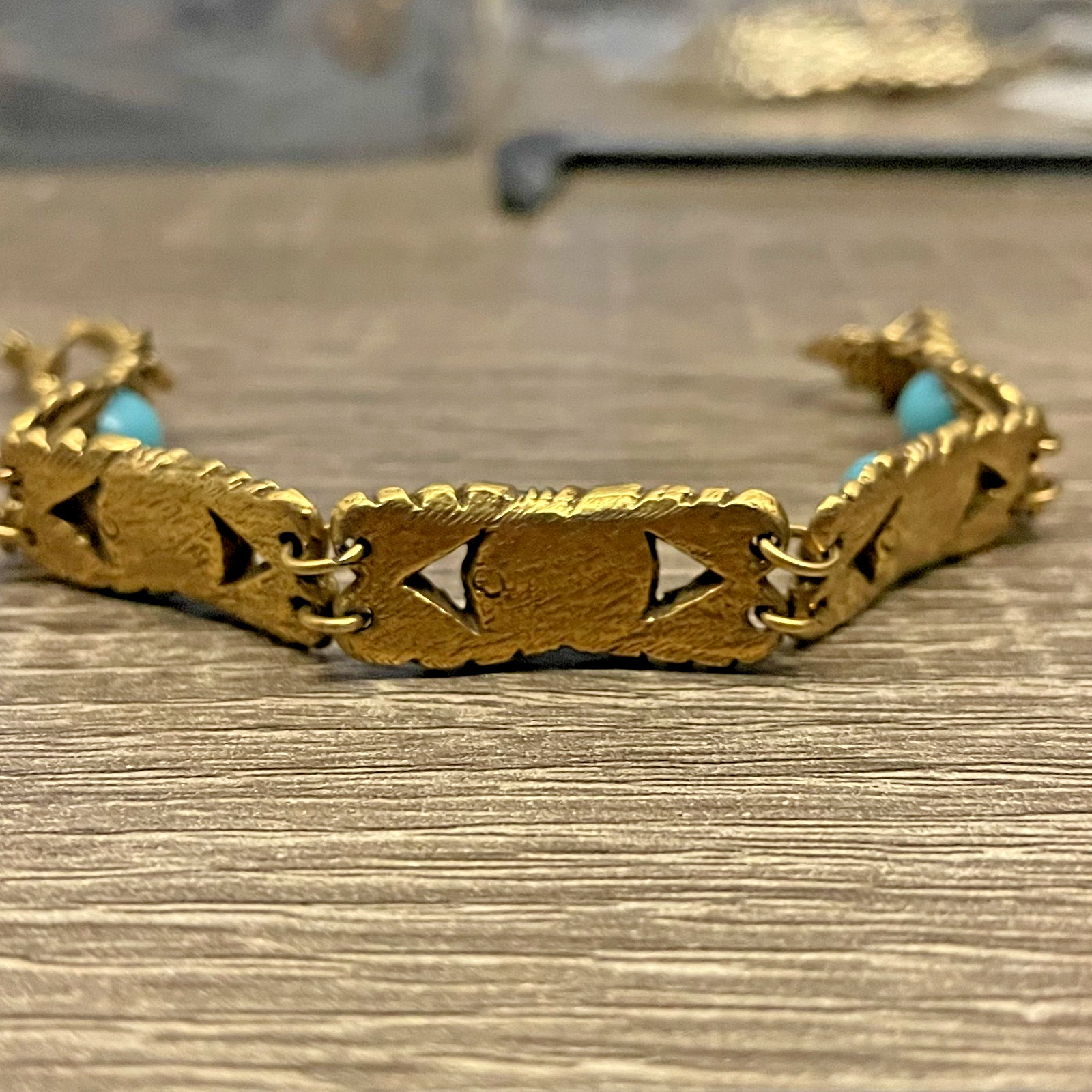 Vintage Goldette N.Y. Gold Tone Art Nouveau Bracelet w Faux Turquoise Cabochons
