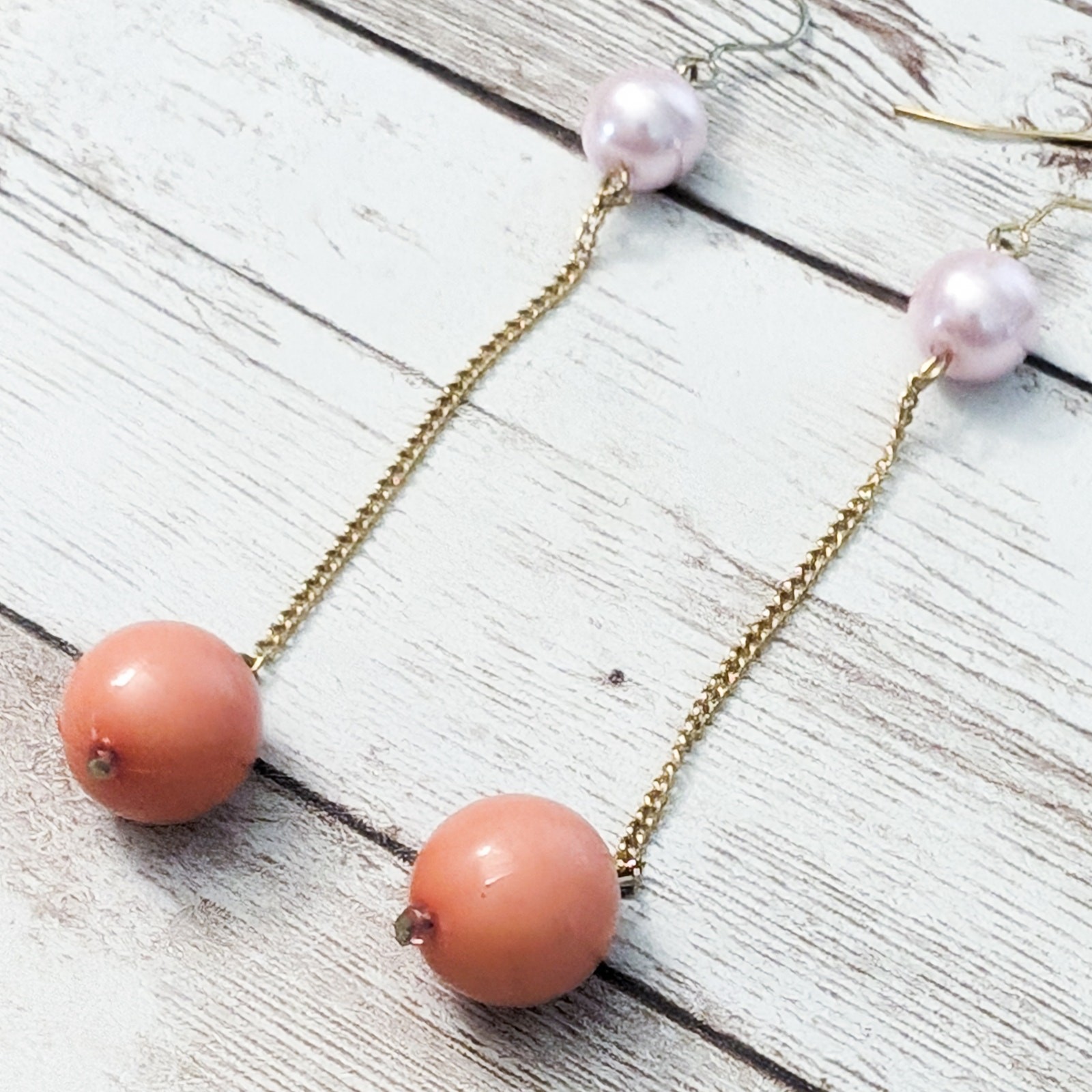 Vintage Earrings For Pierced Ears – Long Pink/Peach Faux Pearl Dangle