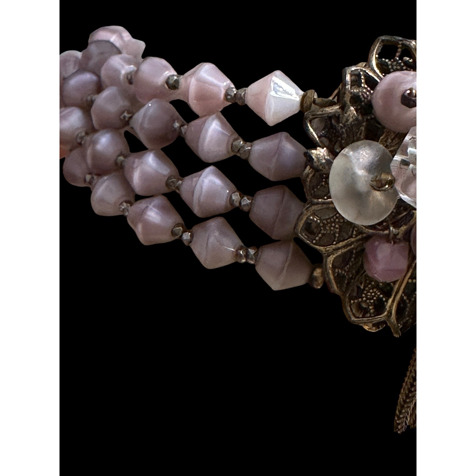 Vintage Pink Opaline Glass Multi Strand Bracelet AB Rhinestone Floral Tassel