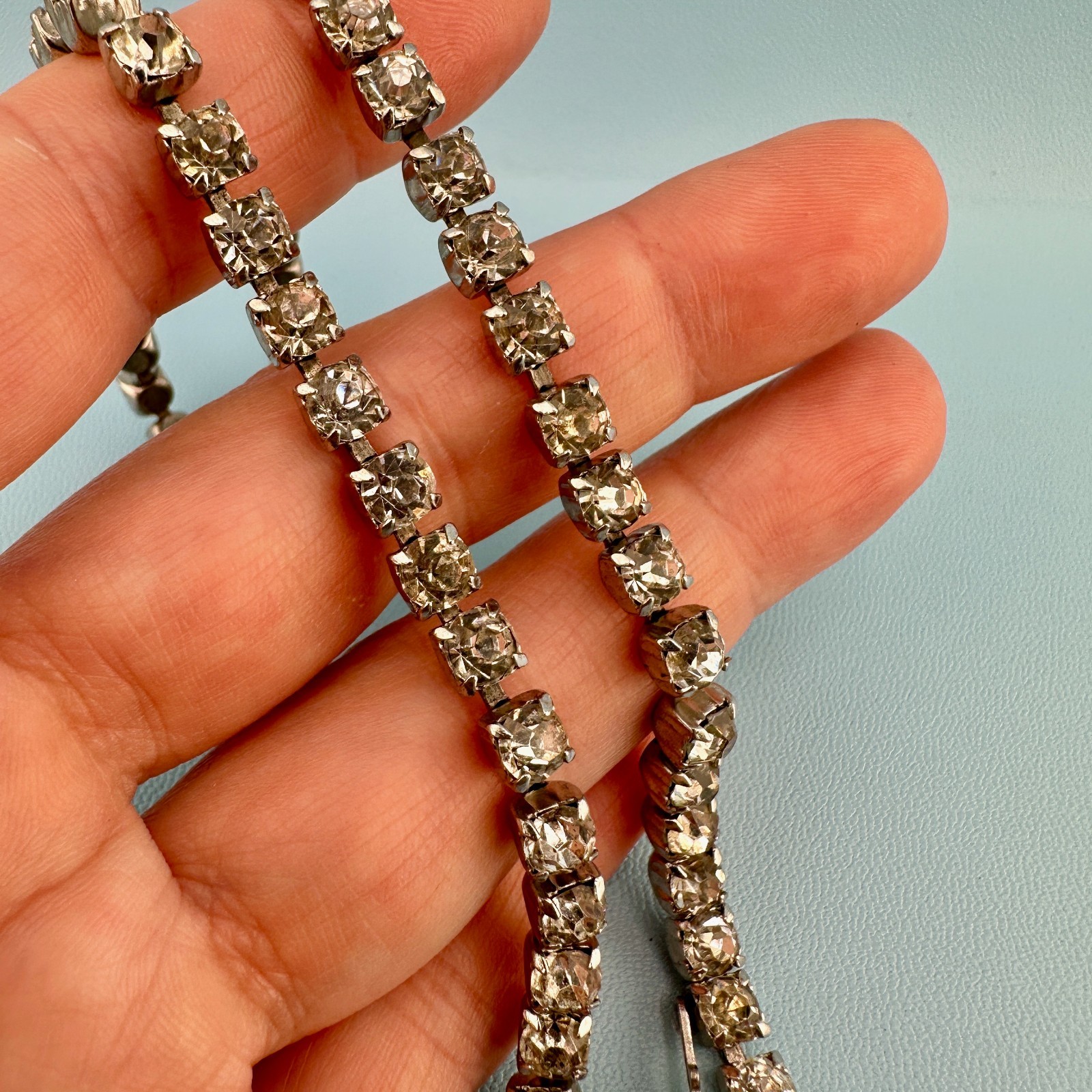 Vintage Rhinestone Choker Necklace Silver Tone Cup Chain Riviere Old Hollywood