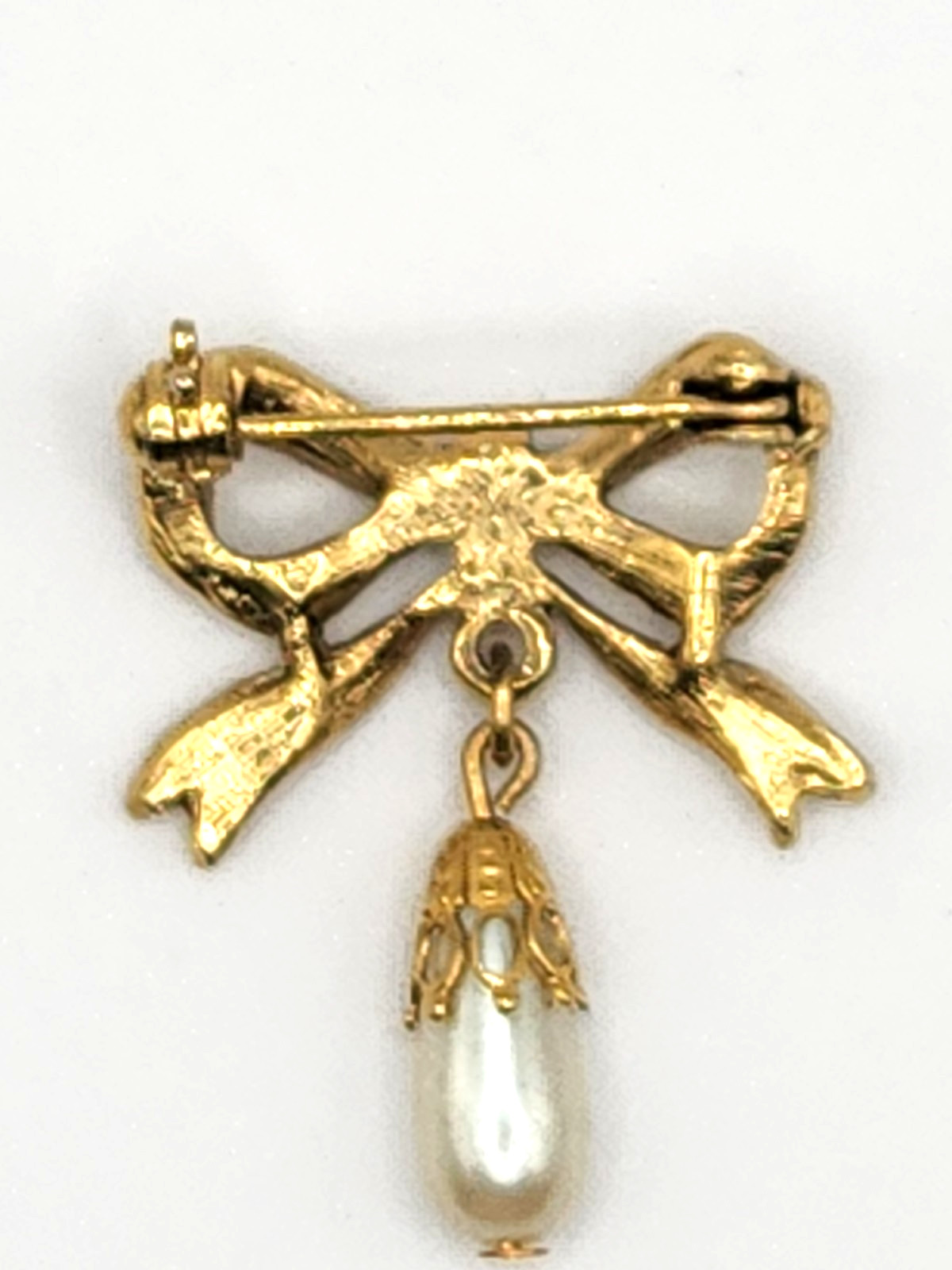 Victorian Revival Style Embossed Bow Brooch w Pendant Teardrop Faux Pearl Drop