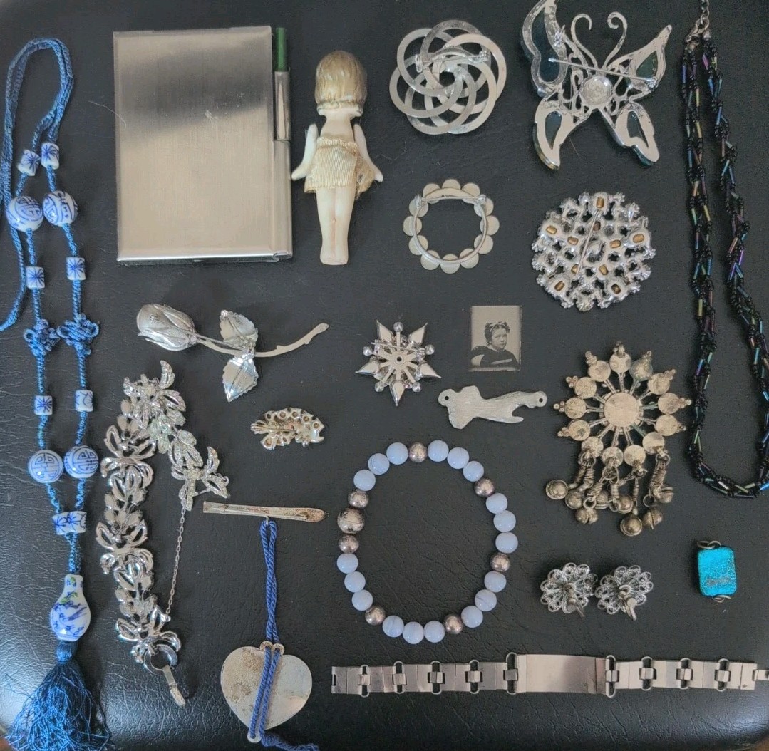 Vintage Mid Century Mod Estate Jewelry Lot Brooch Earrings Larimar Bracelet Doll