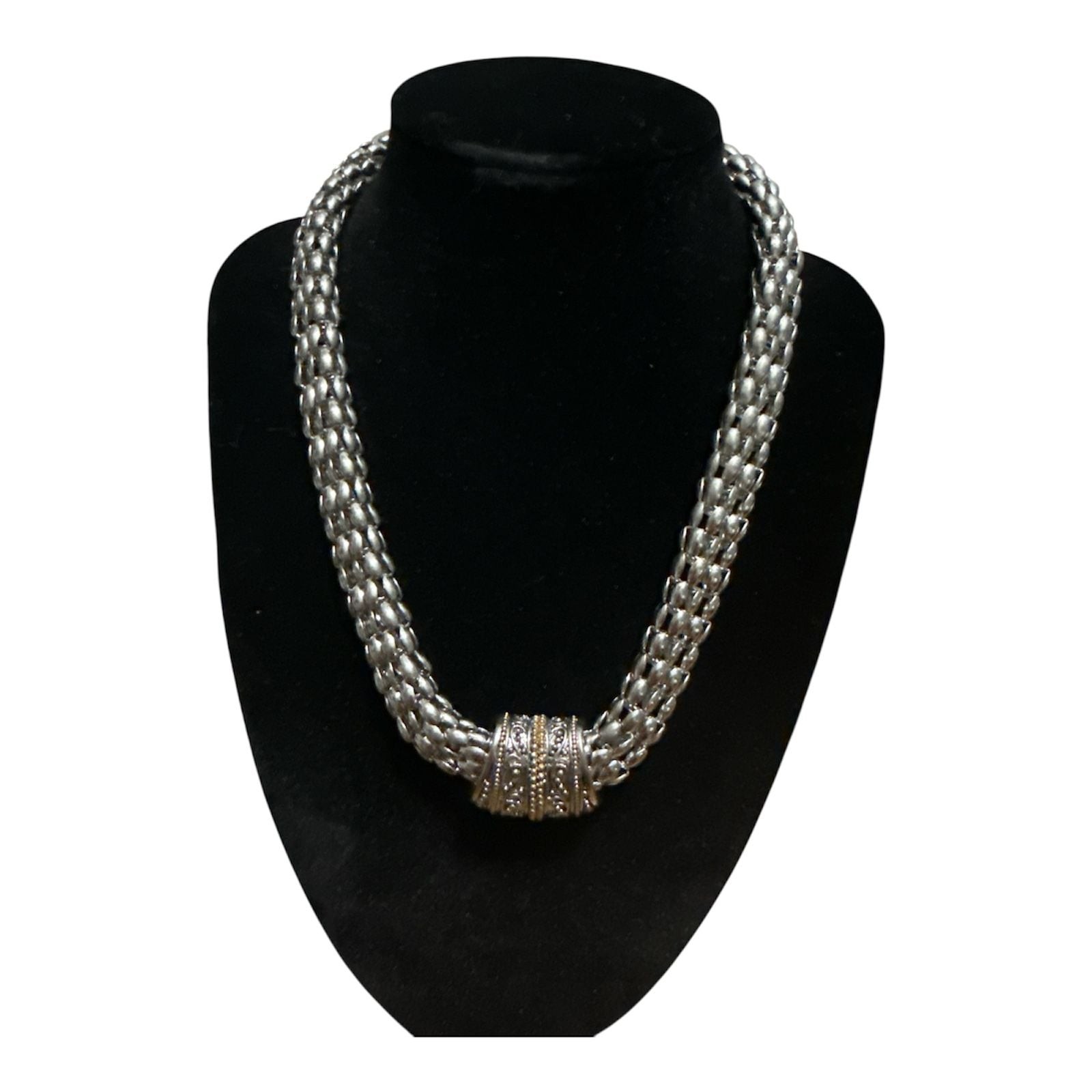 Vintage Two-Tone Silver and Gold Tone Woven Mesh Magnetic Clasp Necklace