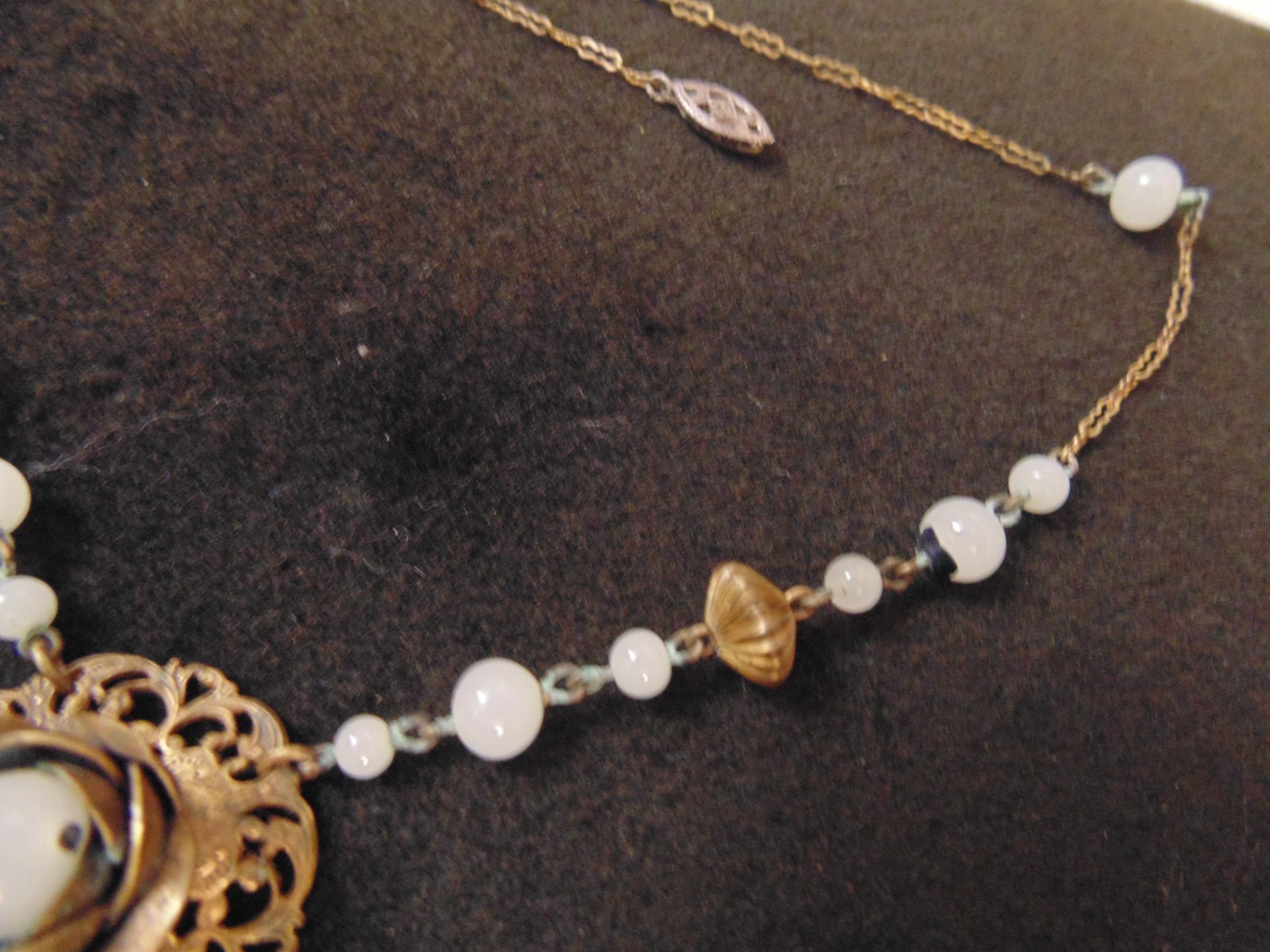 Victorian Antique Brass Filigree Opaline Glass Bead Pendant Choker Necklace 15.5