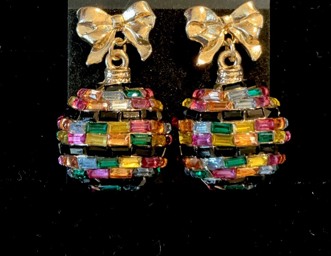 Vintage Glass Beaded Multi Color Gold Tone Holiday Ornament Drop Earrings-Rare!