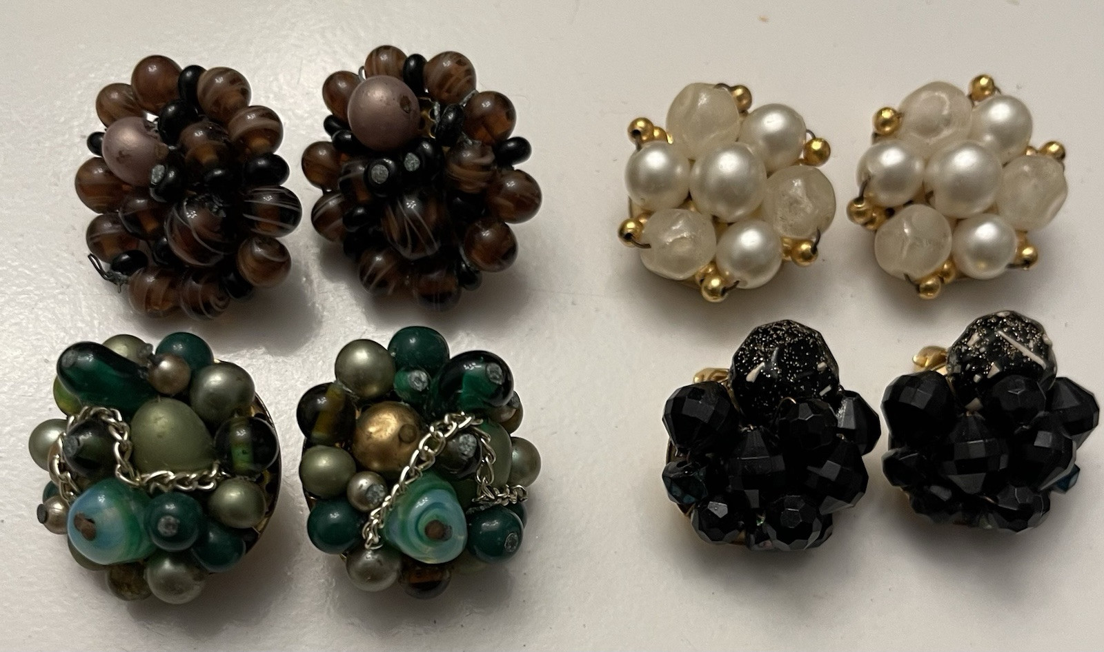 Vintage Cluster Beaded Clip on Earrings Lot of 4 Japan Hong Kong Estate Jewelry