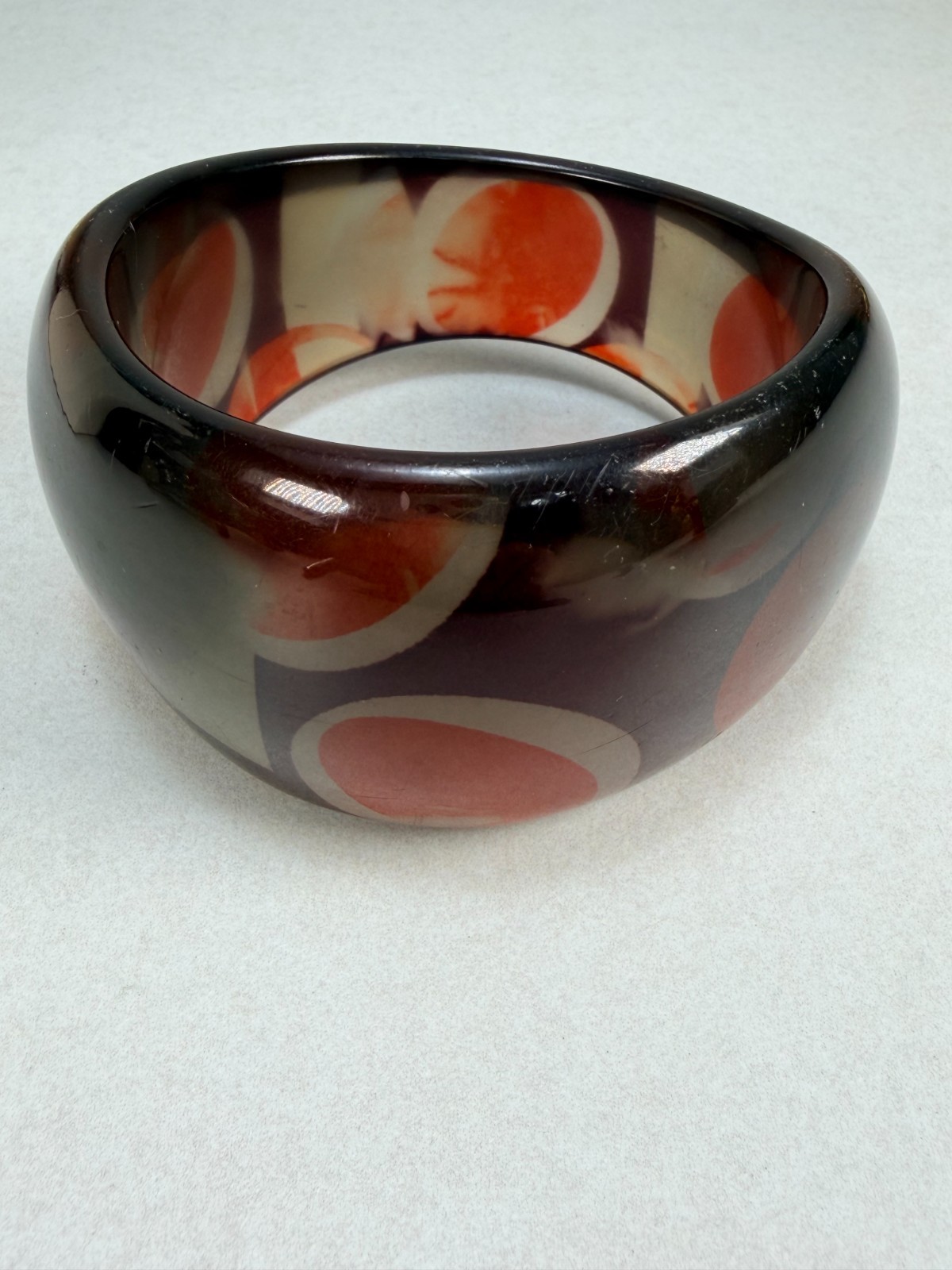 Vintage Wide Lucite Bangle Bracelet Brown Cream Orange Mod Retro