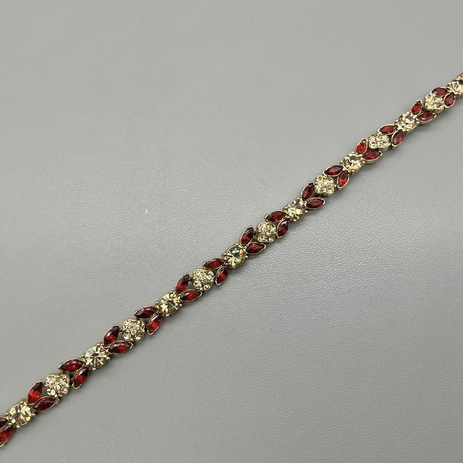 Vintage Monet Bracelet Red Clear Rhinestone Tennis Gold Tone Womens Jewelry