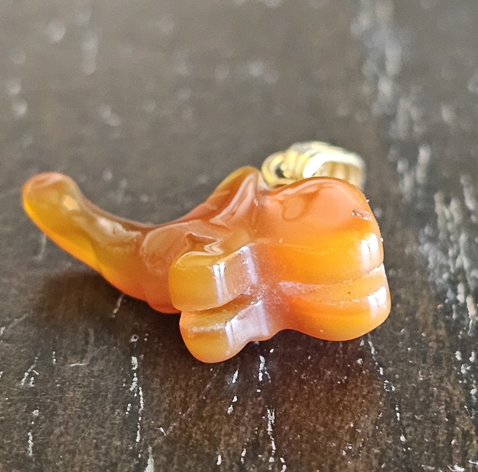 Vintage Carved Carnelian Agate Elephant Charm Pendant Lucky Trunk Up Gold Tone