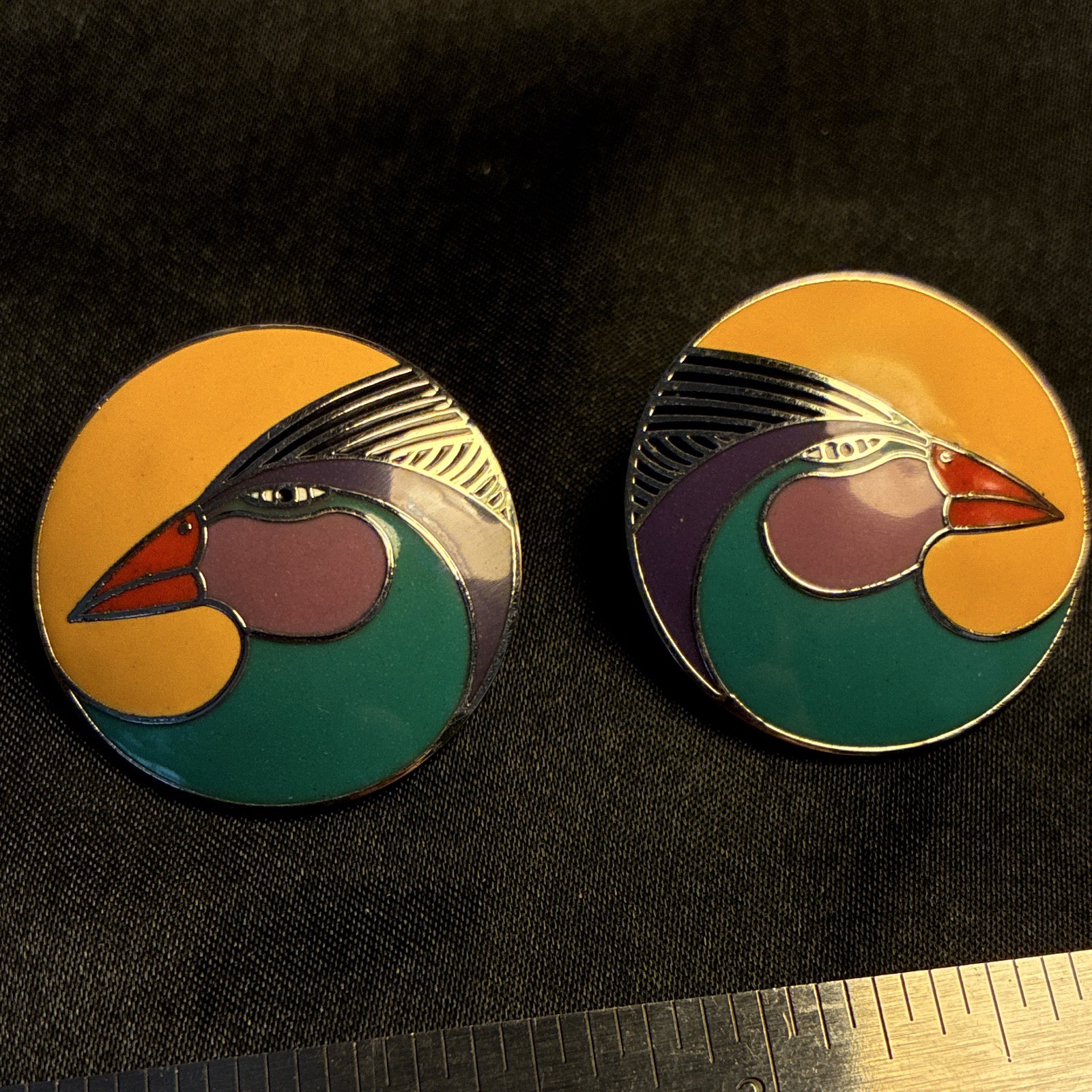 Laurel Burch Harlequin Bird Round Multicolor Enamel Yellow Stud Earrings