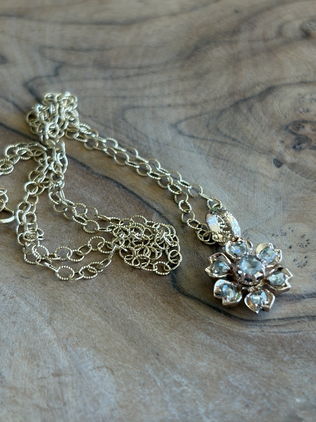 Antique 14KT Gold Diamond Rose Cut Flower Pendant On Gold filled Chain