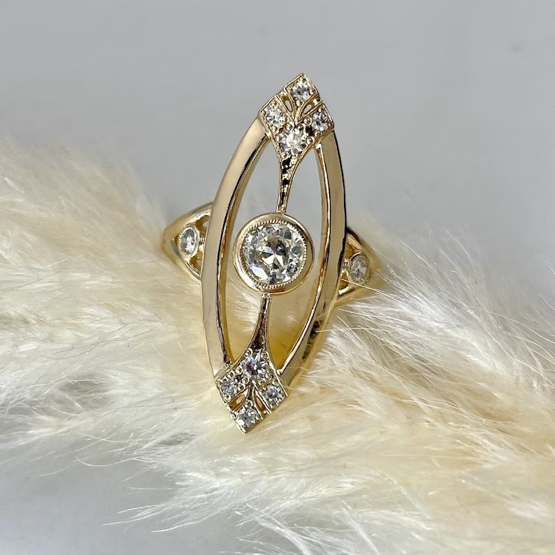 Round Cut Moissanite Vintage Navette Engagement Ring 14K Yellow Gold Plated 925