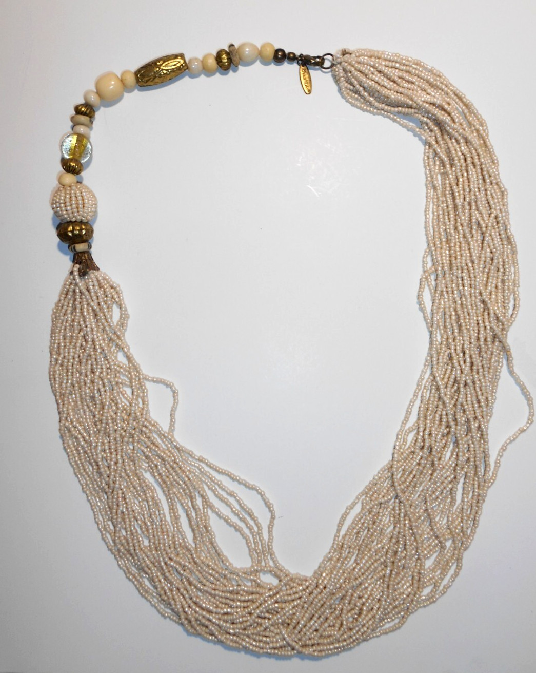 VTG AVENUE Multi Strand Beige Glass Micro Bead Bone Stone & Metal Necklace 28″