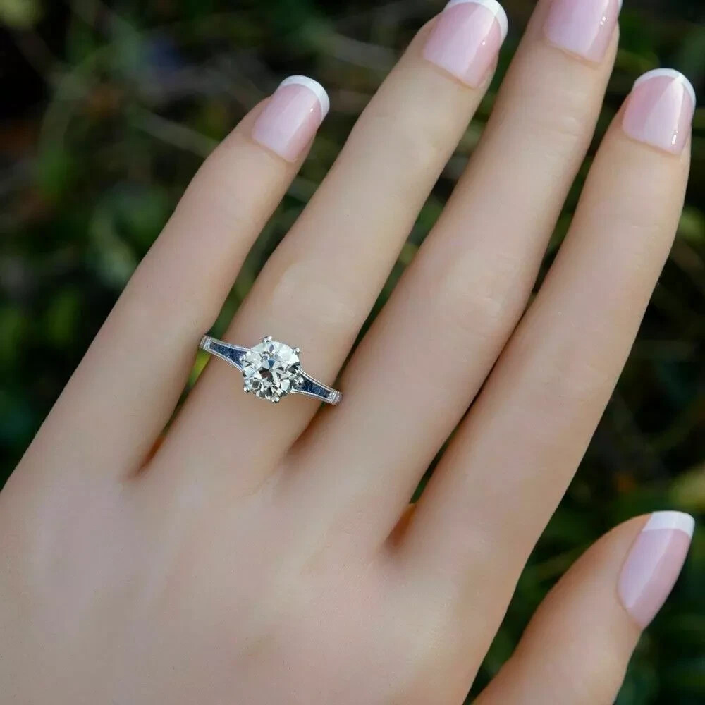 Art Deco 3.00Ct Lab Created Diamond & Sapphire 14K White Gold FN Engagement Ring