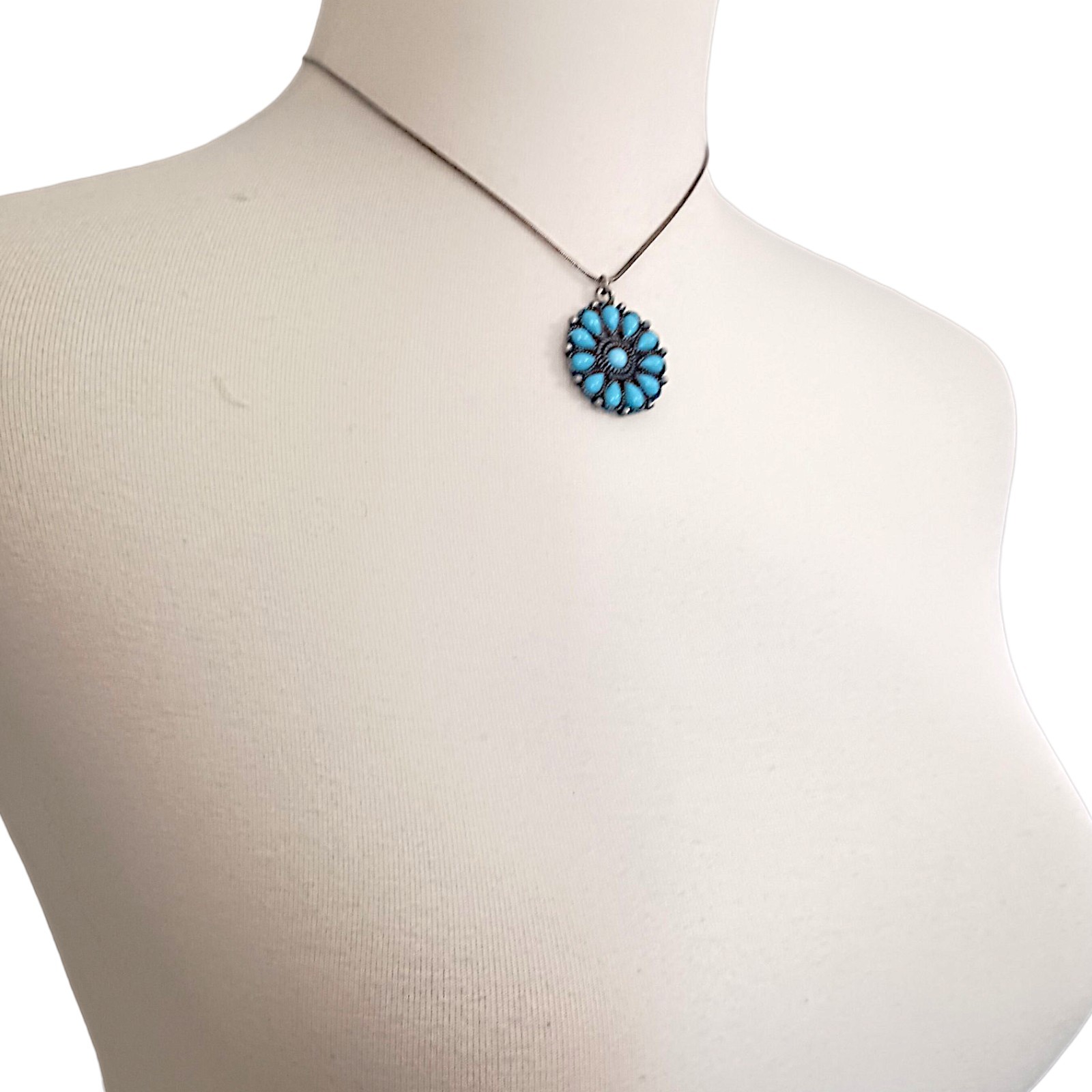 Robert Rose Pendant Faux Turquoise Necklace Antique Silver Tone Southwestern