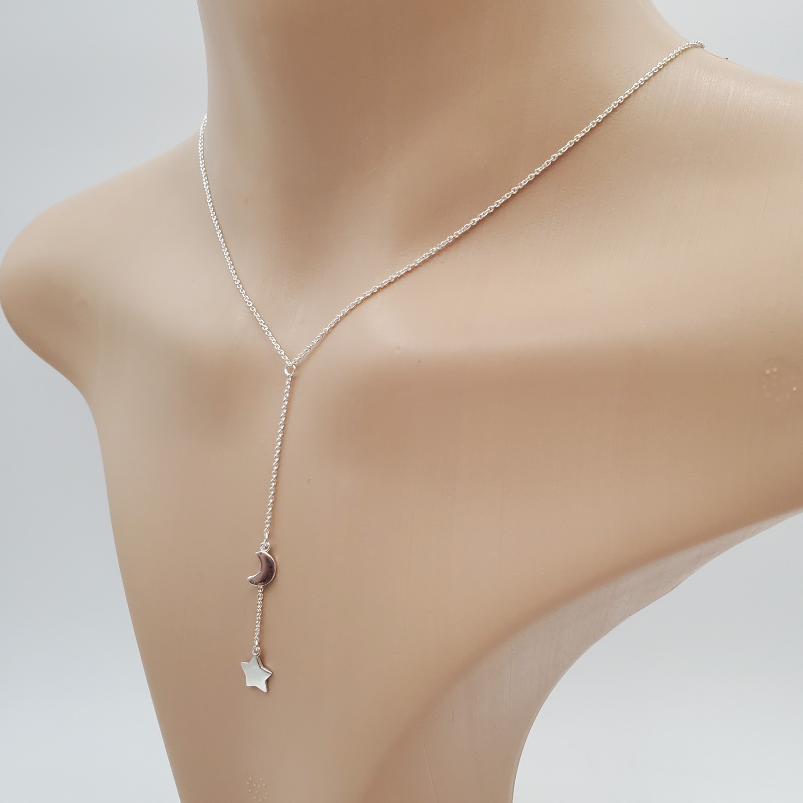 VTG 925 Moon Star Y Drop Necklace Adjustable 28in Sterling Silver 3.2g Celestial
