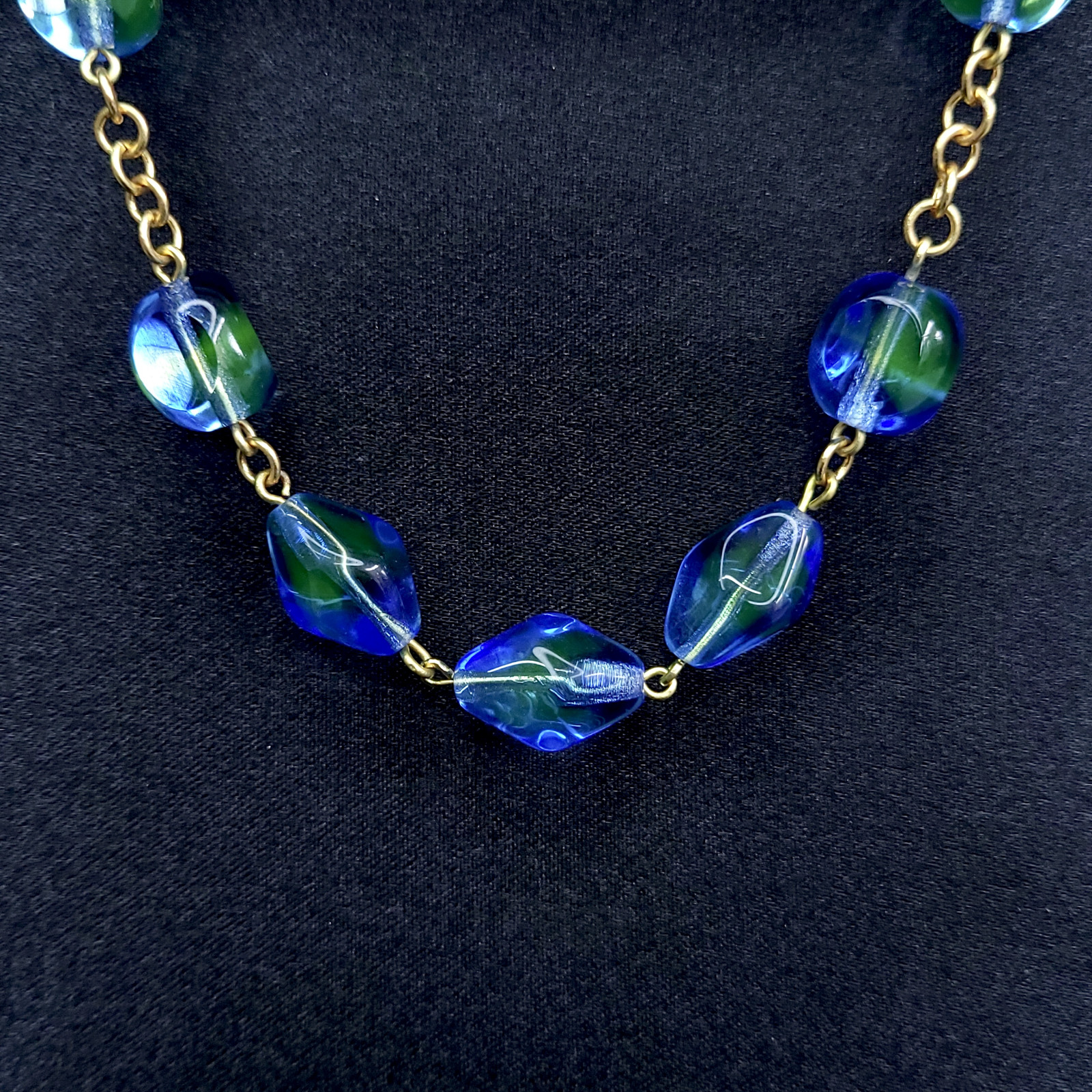 Uranium Necklace 18” Vaseline Blue Glass Czech Vintage Beads Women`s Jewelry