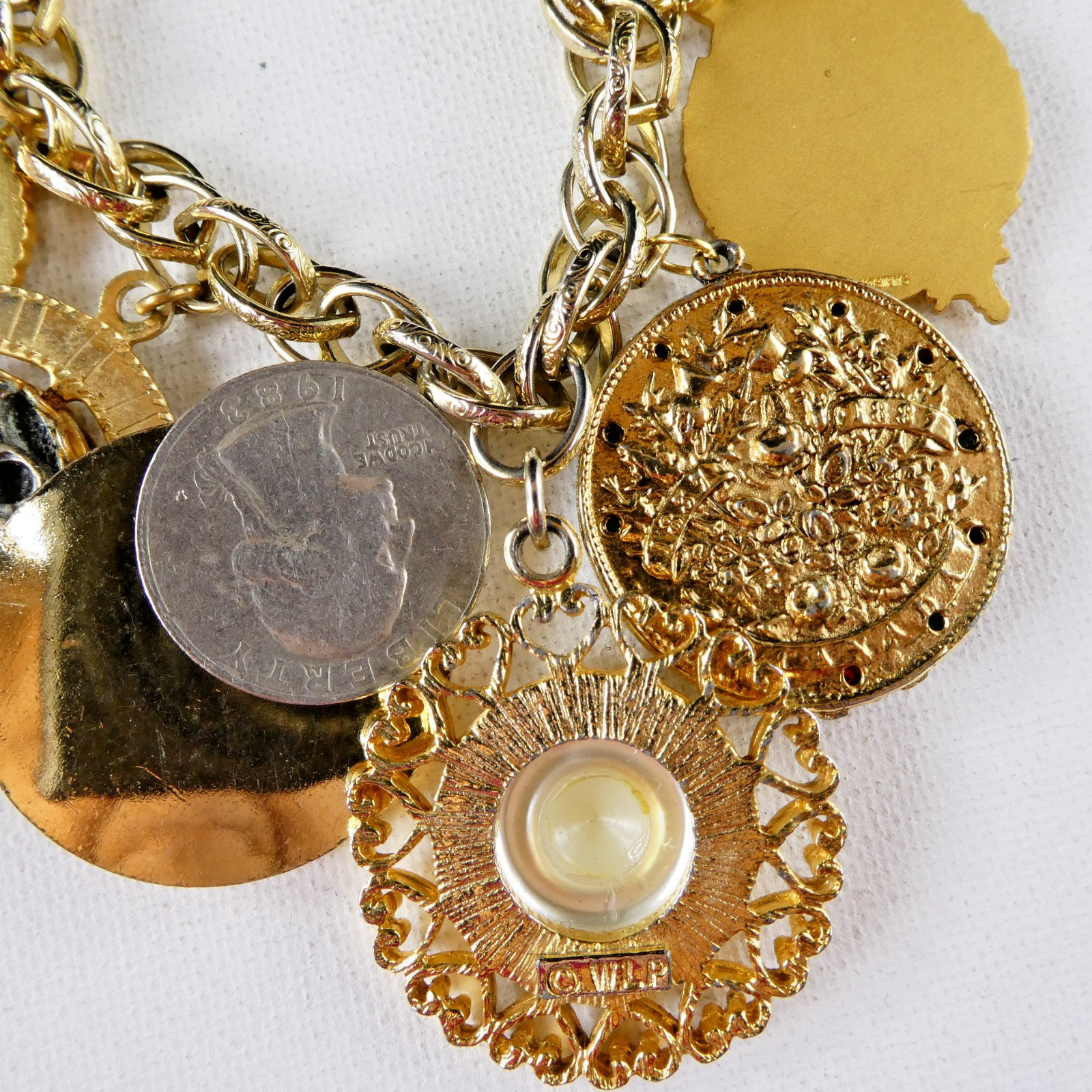 Vintage Heavy Charm Bracelet All Round Charms Gold Plated Engravable Good Luck