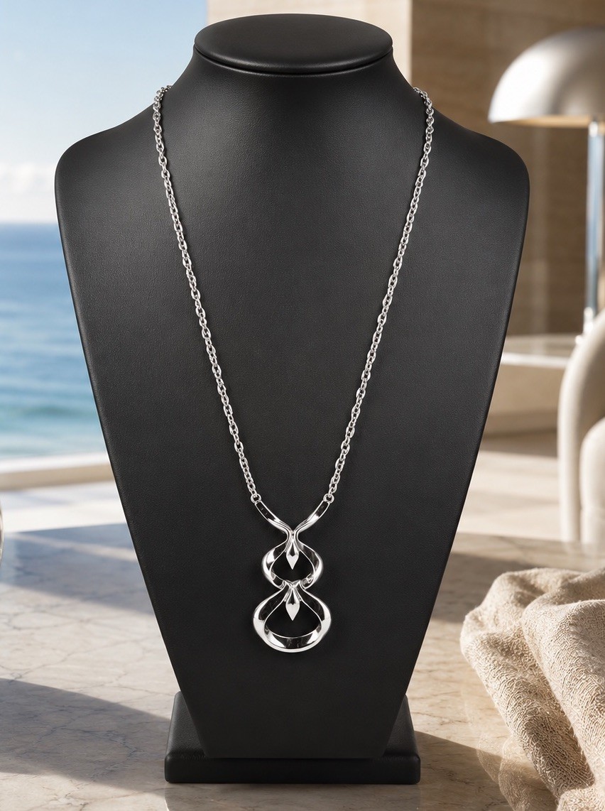 Vintage Crown Trifari Modernist Pendant Necklace Signed Silver Tone Abstract 20”