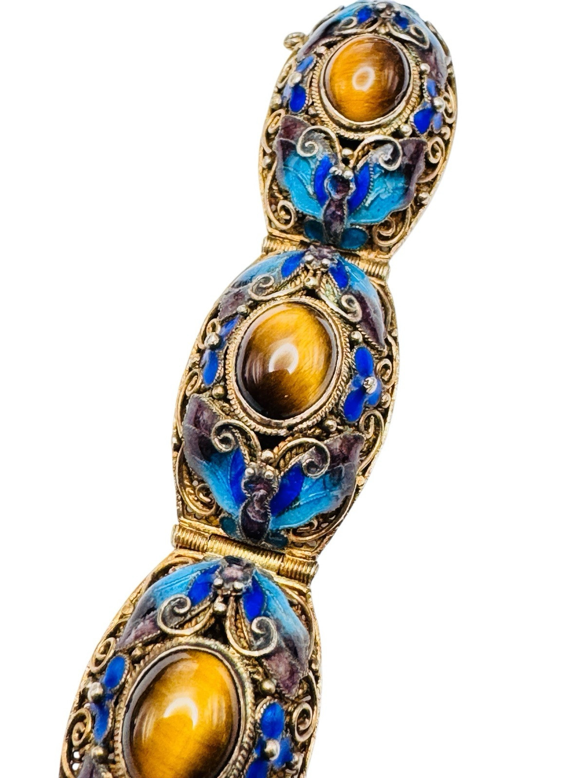 Vintage Chinese Export Gilt Silver Enamel Mesh Filigree Bracelet Tigers Eye Nice