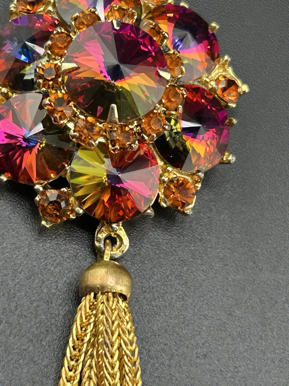 Vintage Edlee Watermelon Rivoli Gold Tone Dangle Pendant