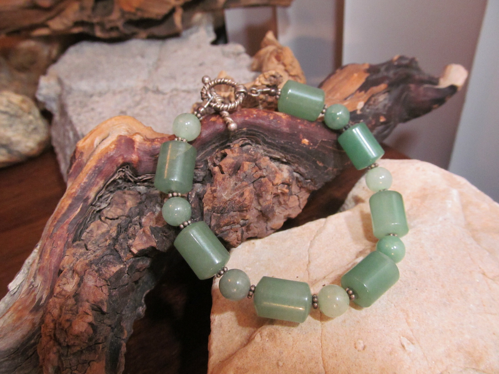 Vintage 925 Sterling Silver Green Stone Beaded Toggle Clasp Bracelet 30g