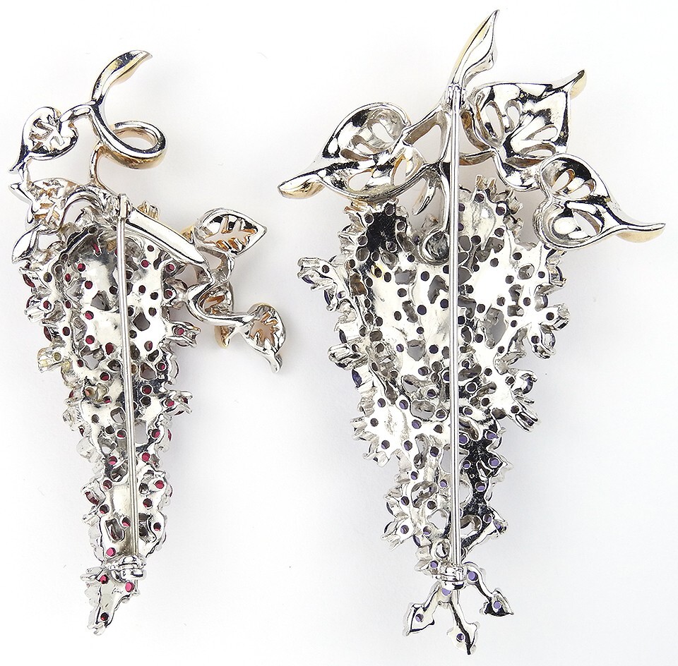 Reja Gold Pave Flowers Set 2 pins lg Amethyst sml Ruby Wisteria Pins, & Earrings