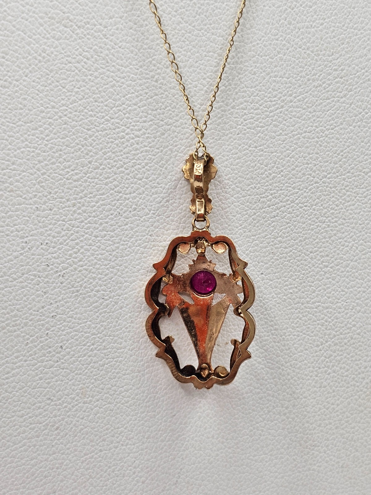 Antique 10k gold garnet Emco lavalier style pendant necklace art deco floral