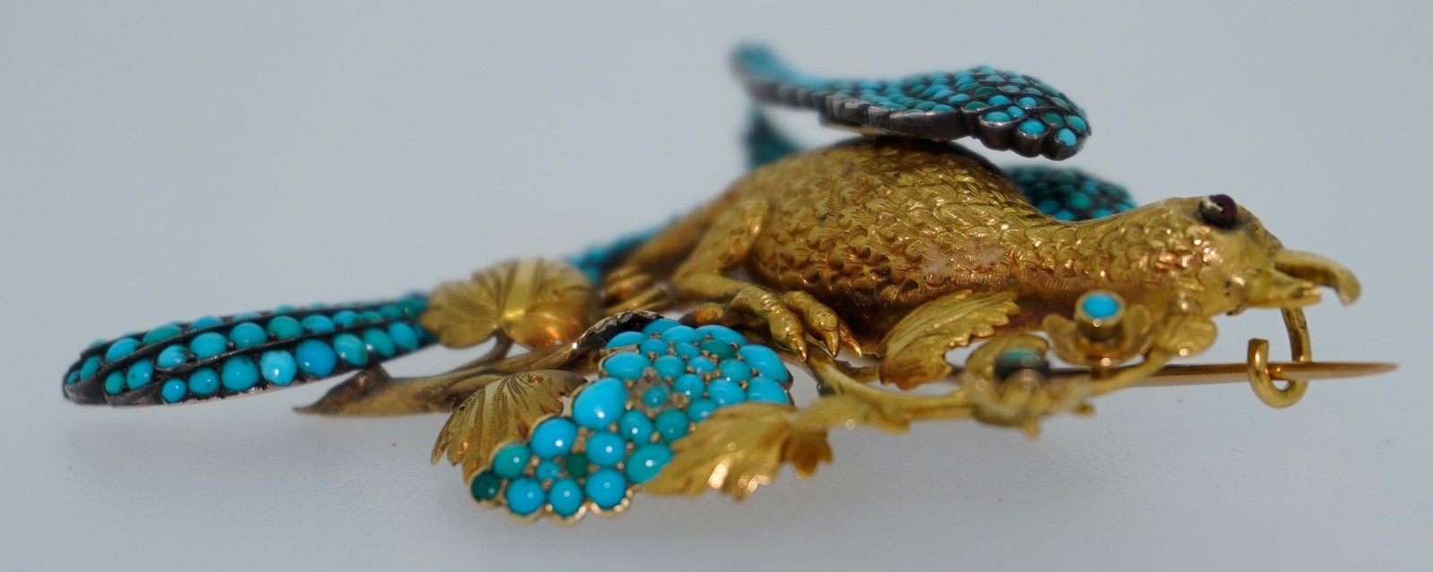 Antique 18K Pave Turquoise & Ruby French Bird Brooch