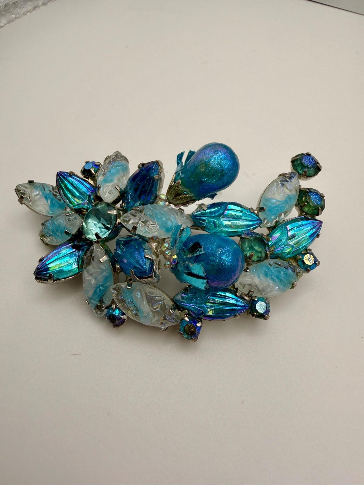 Vintage High End Brooch blue givre glass 3D molded iridescent rhinestones Floral