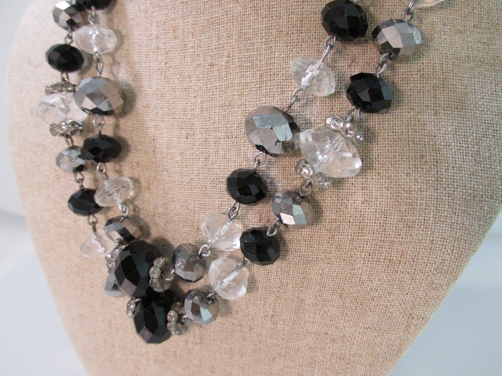 Crown Trifari Faceted Beads Necklace Blk Crystal Clear Rhinestone Double Strand