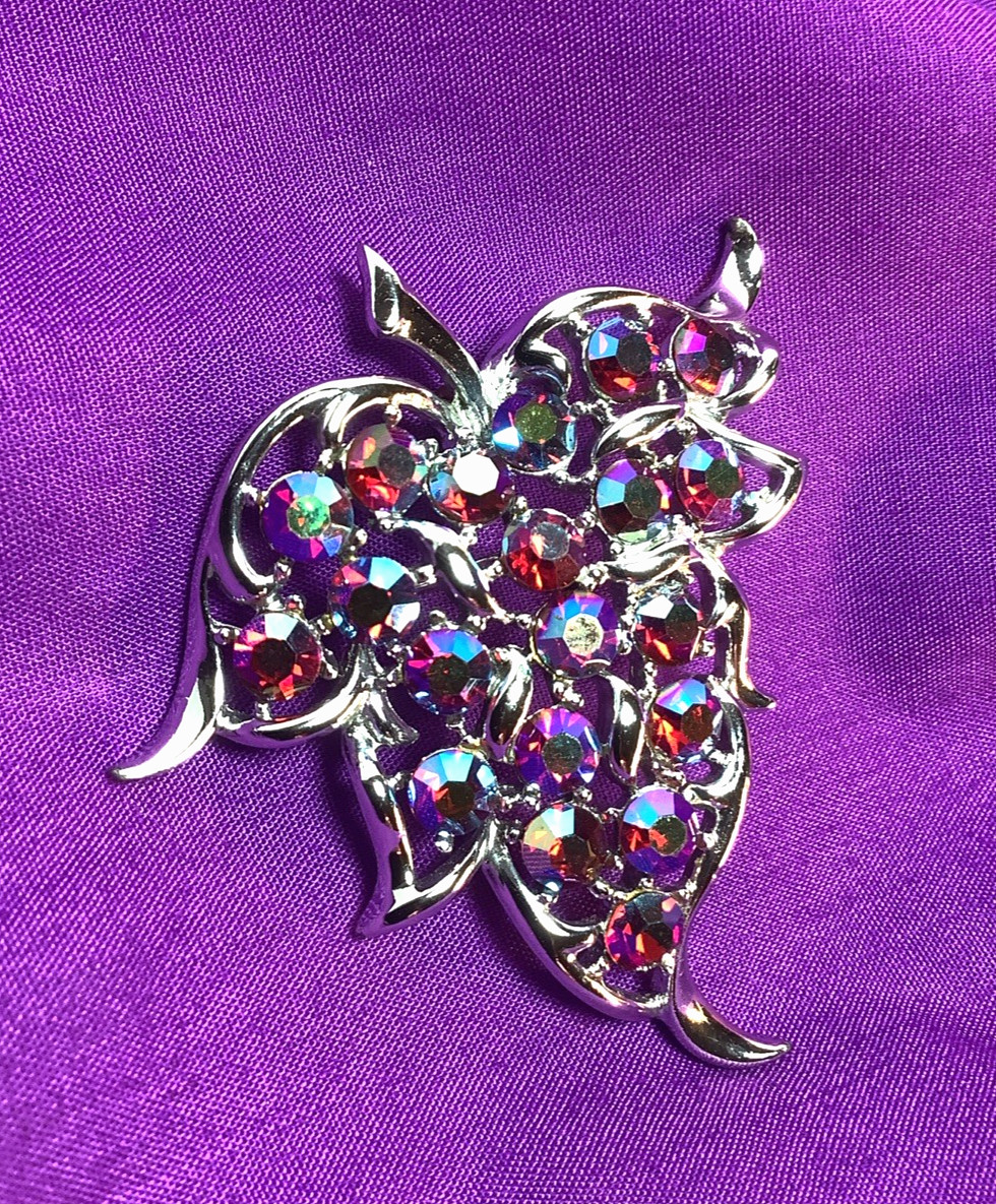 1970s Sarah Coventry Rhinestone Brooch Pendant Purple Green AB Silver Tone P12