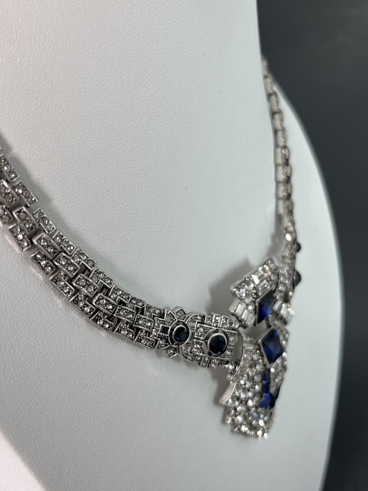 Art Deco Revival Rhinestone Choker Necklace Silver Blue Lavalier Wedding Bride