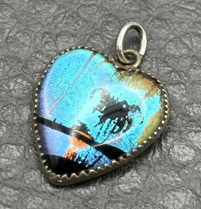 Morpho Heart Shaped Tropical Sunset Pendant Palm Tree Charm Vintage Silver Tone