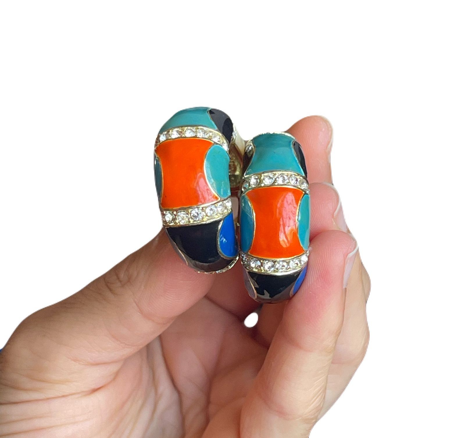 Chunky Multi Color Enamel Hoop Earrings Rhinestone Crystal Gold Tone
