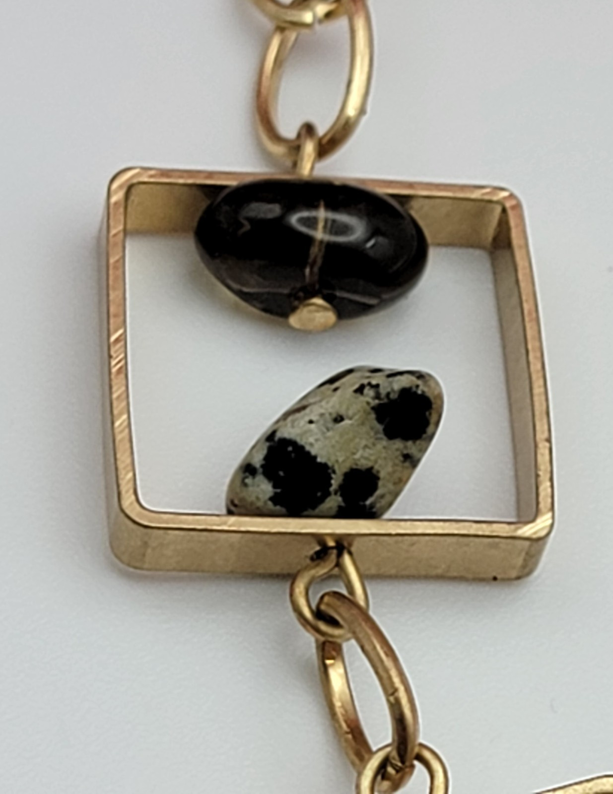 Art Deco Multi Gemstone Charm Square Frame Link Chain Necklace Gold Tone 21″ Adj