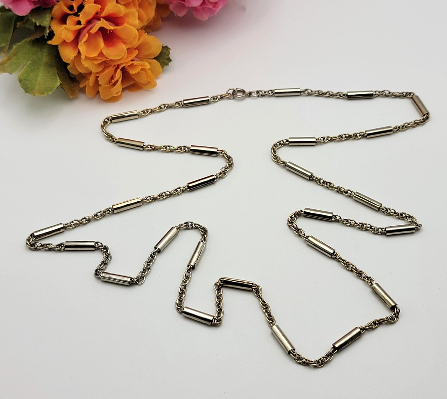 Vintage Silver Tone Bar Link Chain Necklace 36″ Spring Ring Clasp