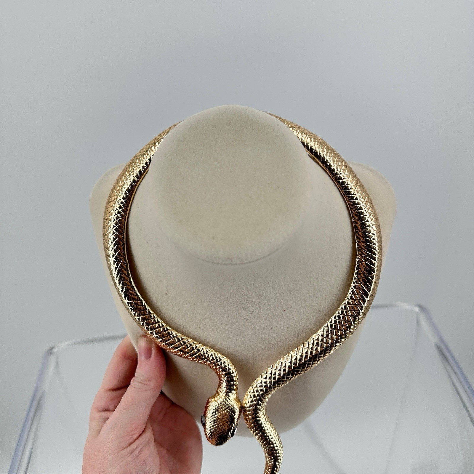 Vtg Snake Choker Necklace Black Eyes Gold Tone Rhinestone Egyptian Revival