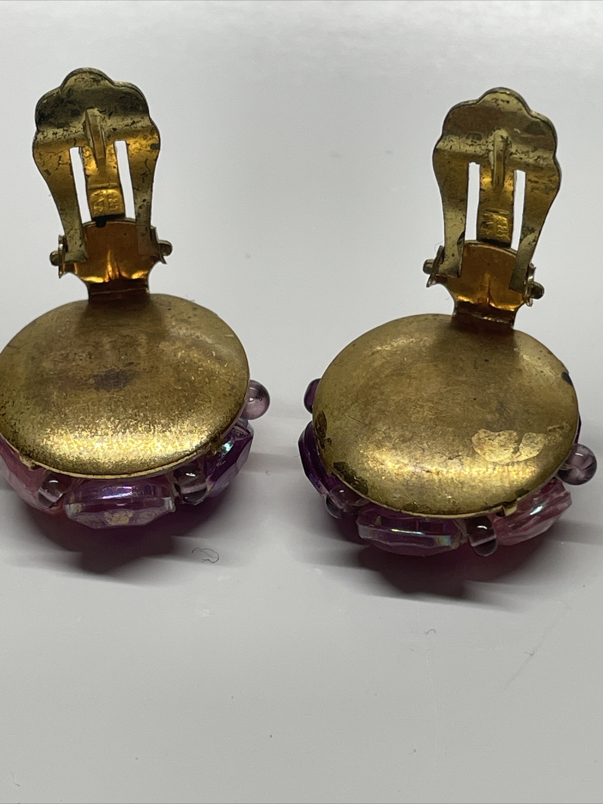 Vintage Western Germany Gold Tone Purple Beaded Cluster Clip On Earrings