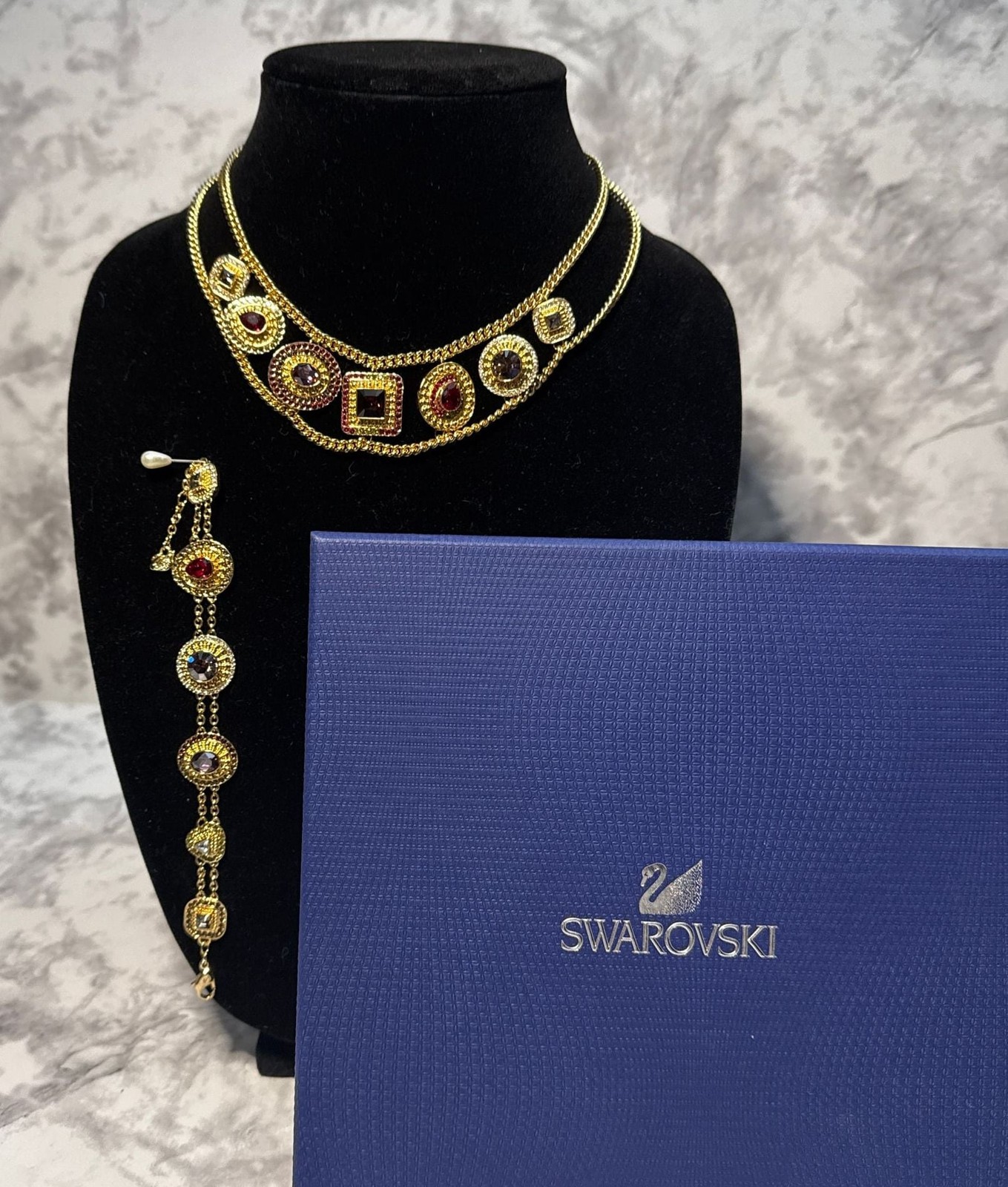 Vintage Swarovski 24k Gold-Plated Multi-Color Crystal Etruscan Revival Necklace