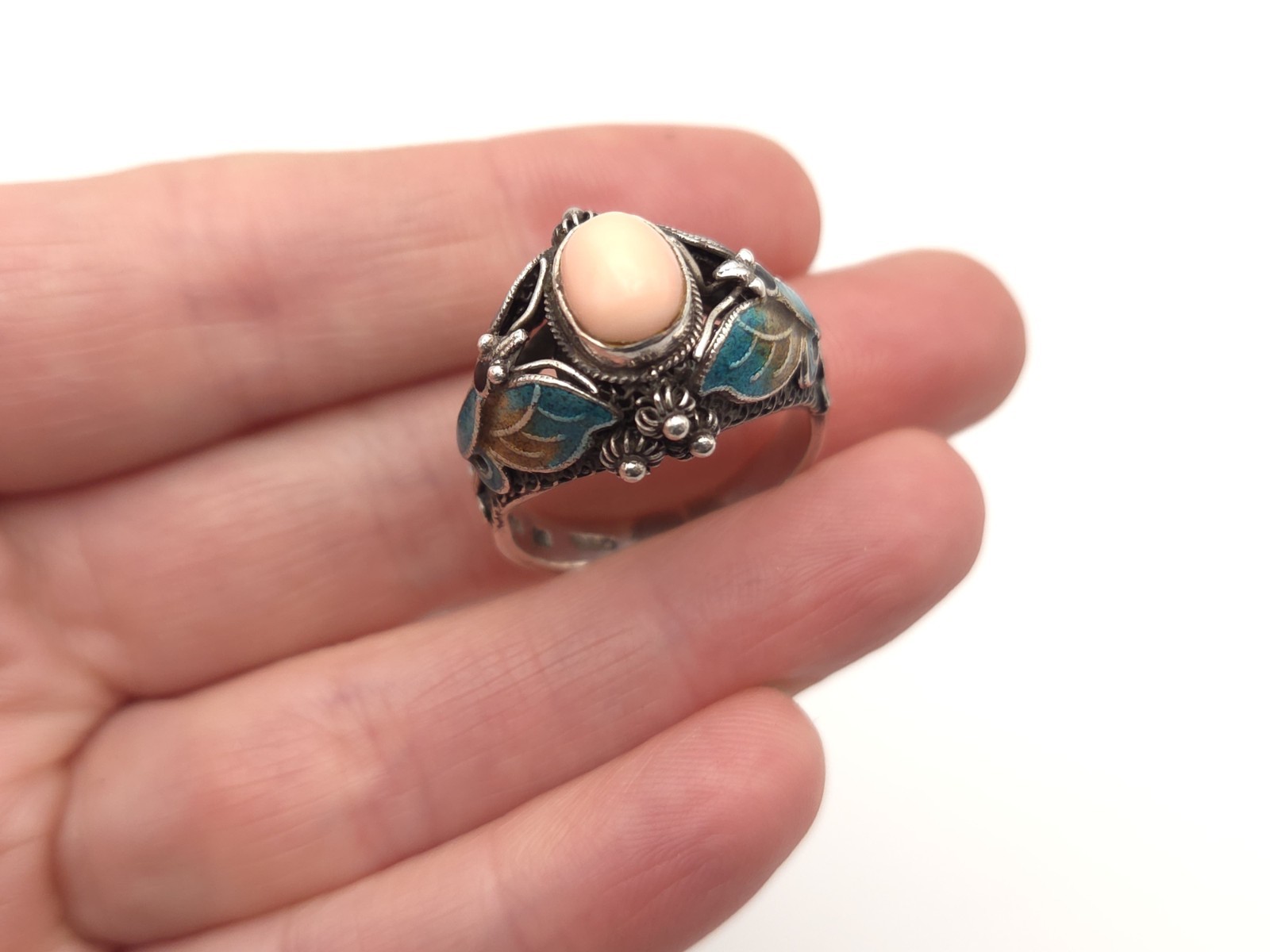 Vintage BJ Designer Sterling Silver Enamel Butterfly Pink Coral Ring Sz. 9
