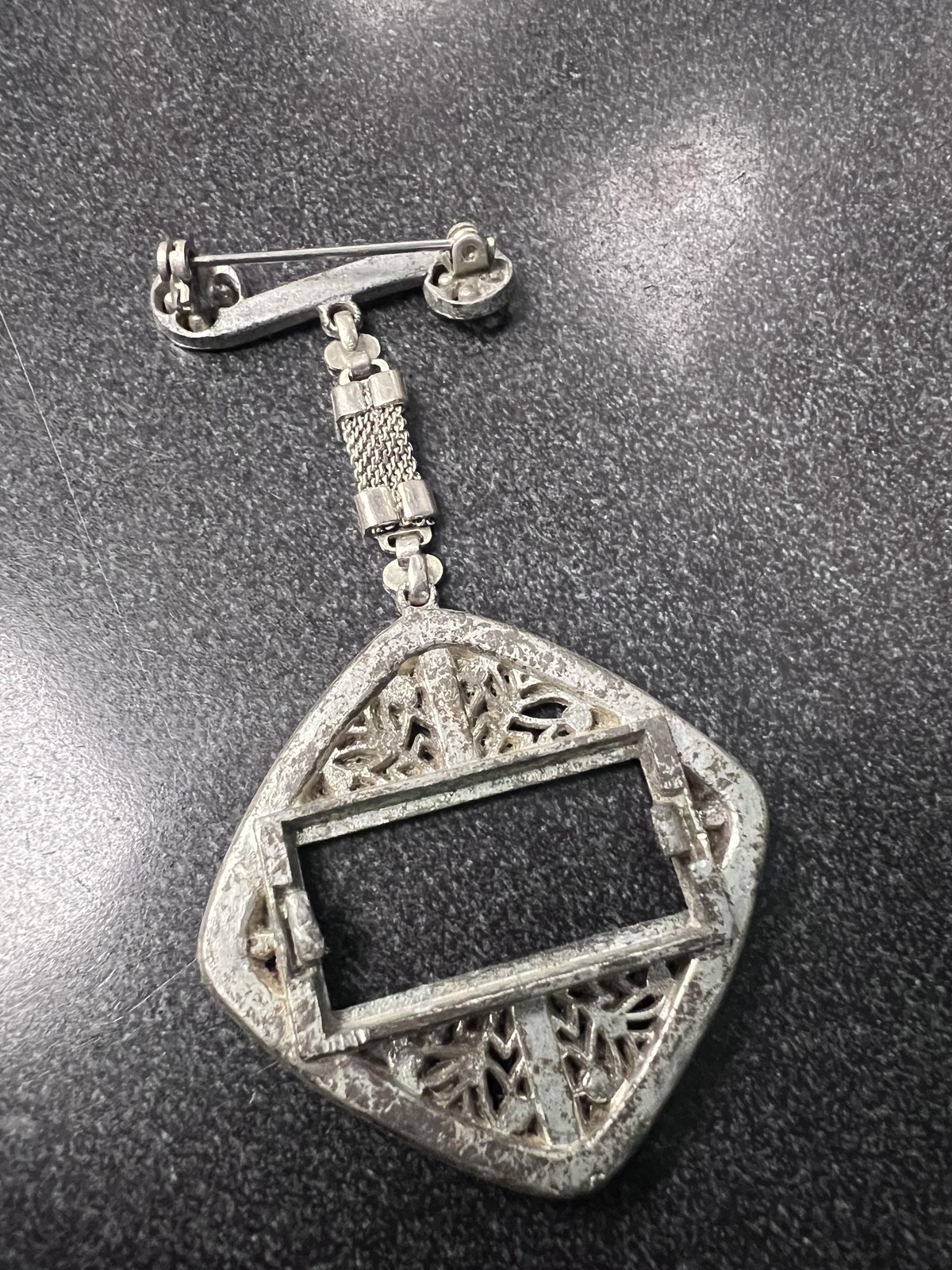 Vintage Rhinestone Brooch Silver Tone Filigree Dangle Pin Costume Jewelry