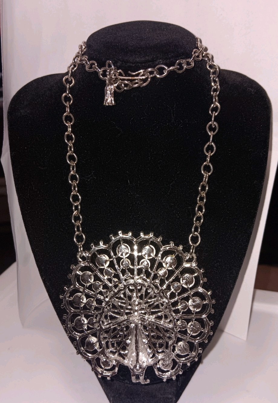 Large Vintage Silver Tone Rhinestone Peacock Necklace