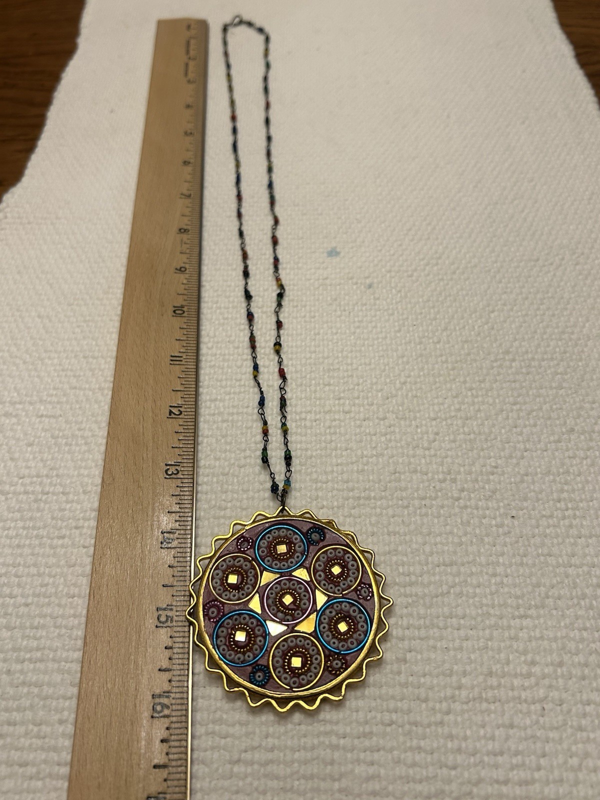 Vintage Large Medallion Mosaic Inlaid Mirrors Beaded Necklace Stamped India