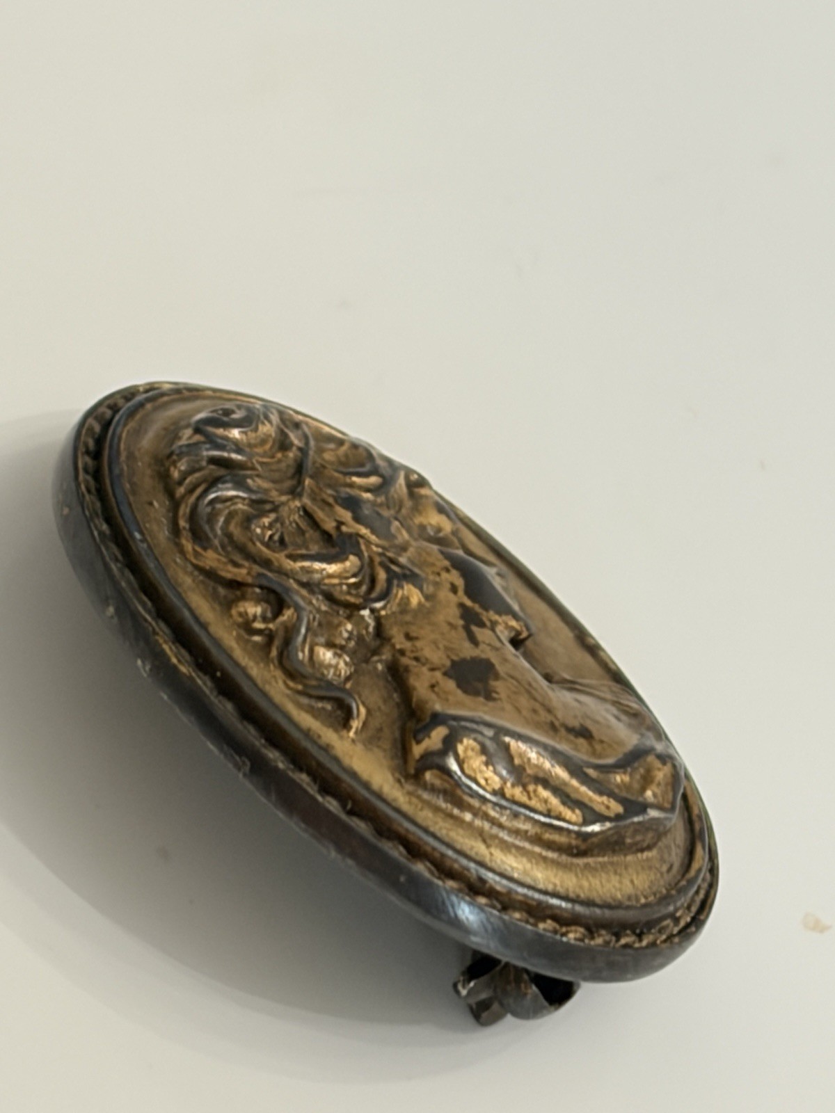 Vintage Bronze Color Brooch Pin Cameo Style Woman Profile Oval Pin