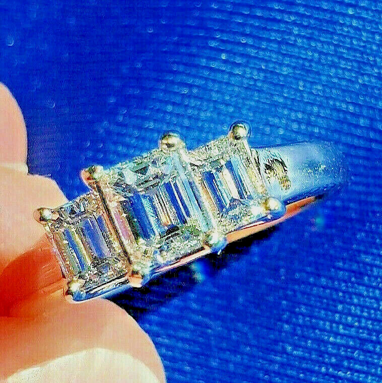 EARTH MINED DIAMOND Deco Engagement Ring 3 Stone Emerald cut Solitare 14K GOLD