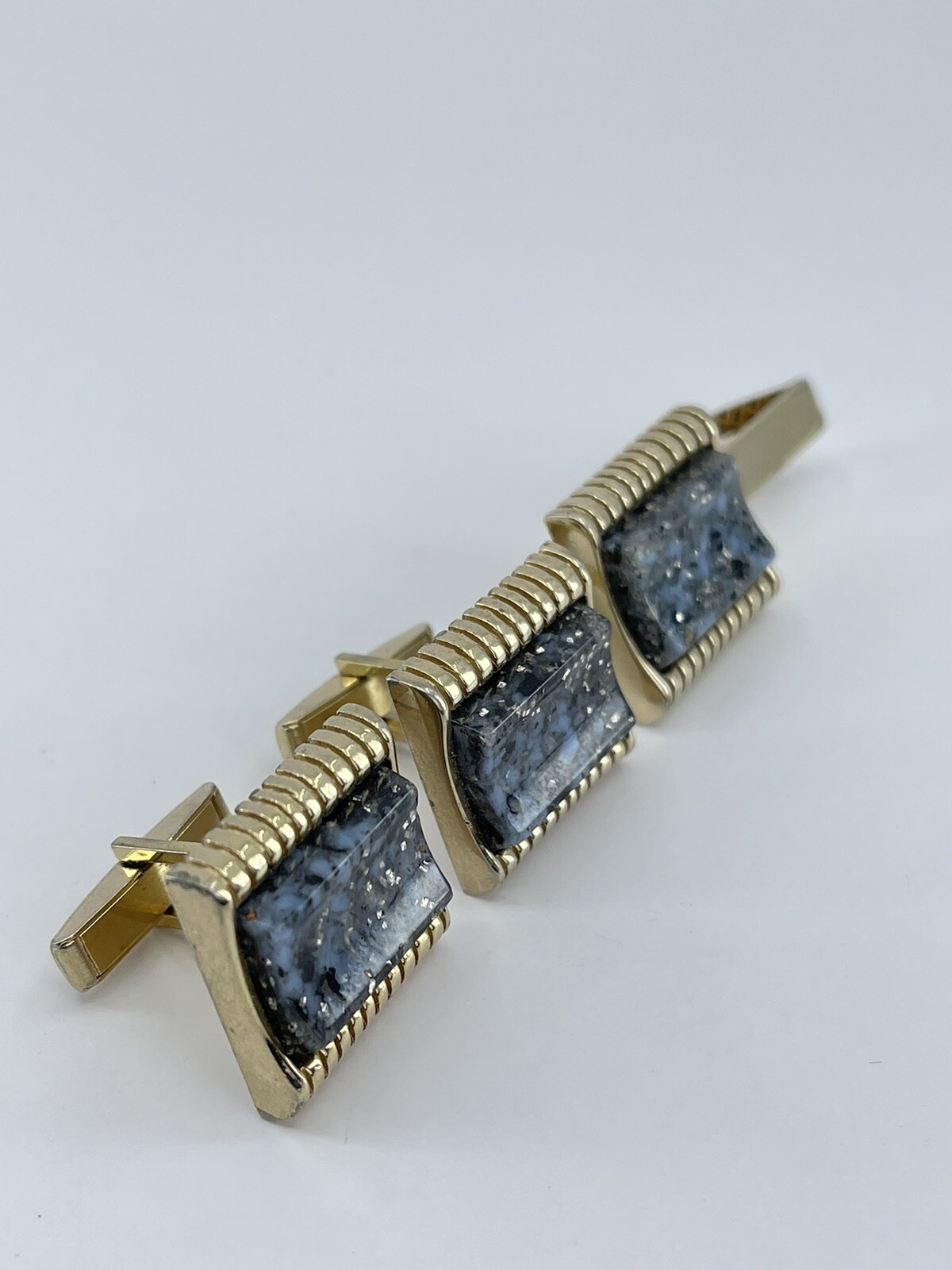 Cufflinks and Tie Clip Set concave glass rectangle gold tone